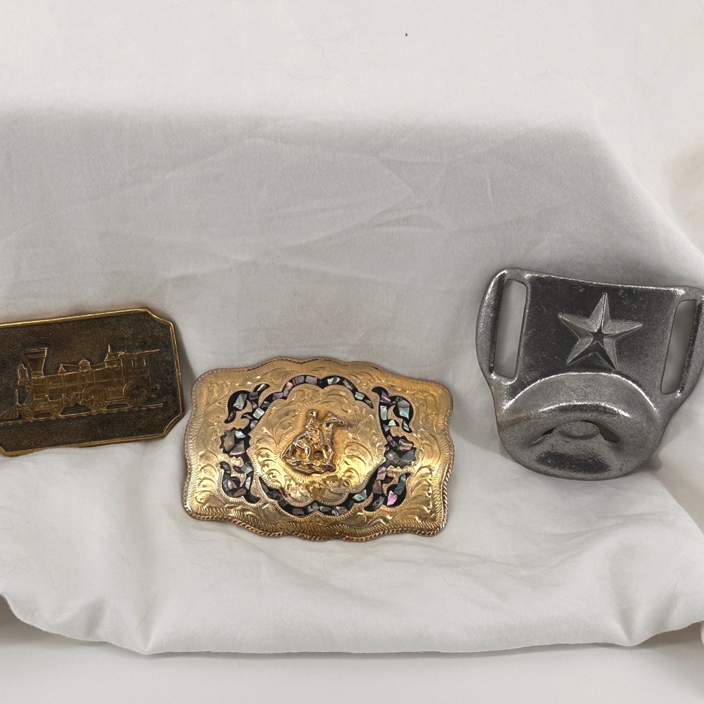 Vintage Belt Buckles Gold Silver Bronze Western Train Star Bottle Opener Retro